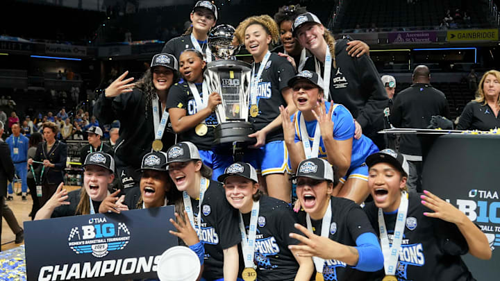 UCLA Bruins players celebrate after defeating the USC Trojans during the 2025 TIAA Big Ten Women's Basketball Tournament final on Sunday, March 9, 2025, at Gainbridge Fieldhouse in Indianapolis. UCLA defeated USC 72-67. UCLA Bruins players celebrate after defeating the USC Trojans during the 2025 TIAA Big Ten Women's Basketball Tournament final on Sunday, March 9, 2025, at Gainbridge Fieldhouse in Indianapolis. UCLA defeated USC 72-67.
