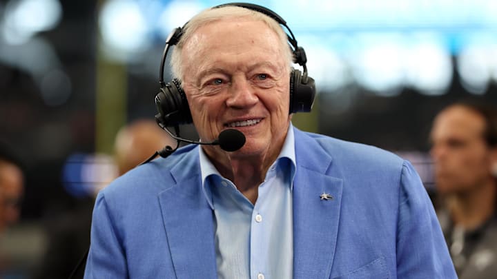 Aug 24, 2024; Arlington, Texas, USA; Dallas Cowboys owner Jerry Jones talks to the media before the game against the Los Angeles Chargers at AT&T Stadium. Mandatory Credit: Tim Heitman-Imagn Images