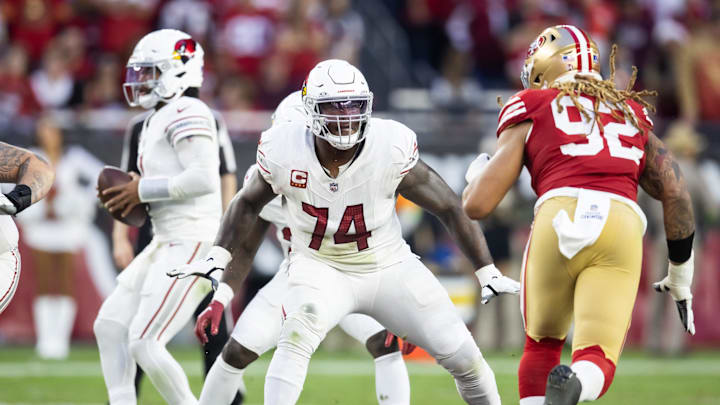 Dec 17, 2023; Glendale, Arizona, USA; Arizona Cardinals offensive lineman D.J. Humphries (74) against the San Francisco 49ers at State Farm Stadium. Mandatory Credit: Mark J. Rebilas-USA TODAY Sports Dec 17, 2023; Glendale, Arizona, USA; Arizona Cardinals offensive lineman D.J. Humphries (74) against the San Francisco 49ers at State Farm Stadium. Mandatory Credit: Mark J. Rebilas-USA TODAY Sports