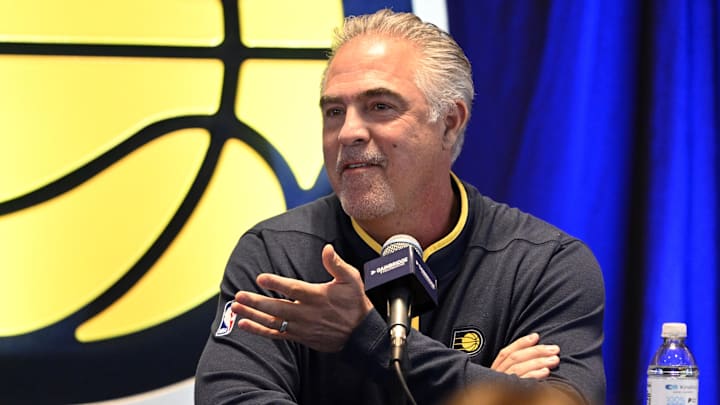 Jan 30, 2023; Indianapolis, IN, USA; Indiana Pacers president of basketball operations Kevin Pritchard speaks during an Indiana Pacers press conference to announce the contract extension of center Miles Turner at Gainsbridge Fieldhouse. Mandatory Credit: Marc Lebryk-Imagn Images Jan 30, 2023; Indianapolis, IN, USA; Indiana Pacers president of basketball operations Kevin Pritchard speaks during an Indiana Pacers press conference to announce the contract extension of center Miles Turner at Gainsbridge Fieldhouse. Mandatory Credit: Marc Lebryk-Imagn Images