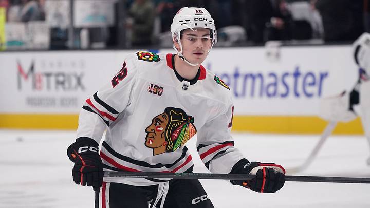 Apr 6, 2026; San Jose, California, USA;  Chicago Blackhawks center Sacha Boisvert (12) warms up before the game against the San Jose Sharks at SAP Center at San Jose. Mandatory Credit: David Gonzales-Imagn Images