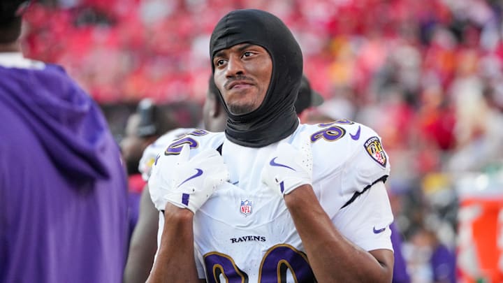 Sep 28, 2025; Kansas City, Missouri, USA; Baltimore Ravens tight end Isaiah Likely (80) on the sidelines against the Baltimore Ravens during the game at GEHA Field at Arrowhead Stadium. Mandatory Credit: Denny Medley-Imagn Images