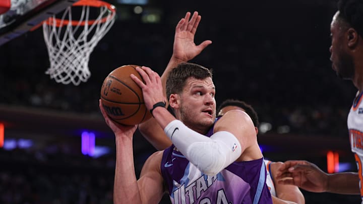 Jan 1, 2025; New York, New York, USA; Utah Jazz center Walker Kessler (24) secures the ball after a rebound during the first half against the New York Knicks at Madison Square Garden. Mandatory Credit: Vincent Carchietta-Imagn Images Jan 1, 2025; New York, New York, USA; Utah Jazz center Walker Kessler (24) secures the ball after a rebound during the first half against the New York Knicks at Madison Square Garden. Mandatory Credit: Vincent Carchietta-Imagn Images
