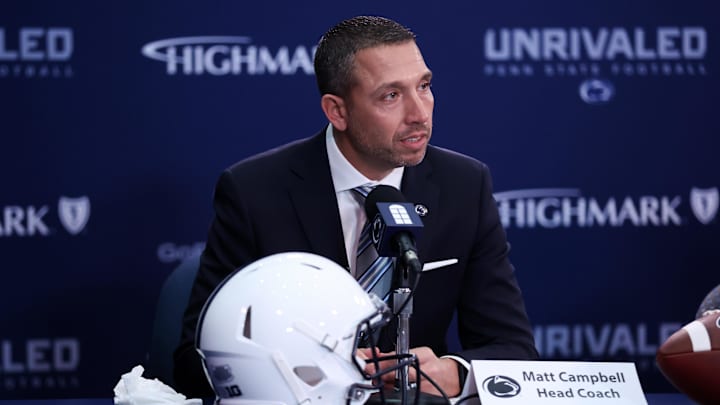 Penn State Nittany Lions coach Matt Campbell answers questions from the media during a press conference at Beaver Stadium.