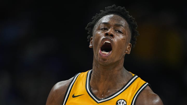 Dec 7, 2025; Kansas City, Missouri, USA; Missouri Tigers forward Mark Mitchell (25) celebrates during the first half against the Kansas Jayhawks at T-Mobile Center. Mandatory Credit: Jay Biggerstaff-Imagn Images