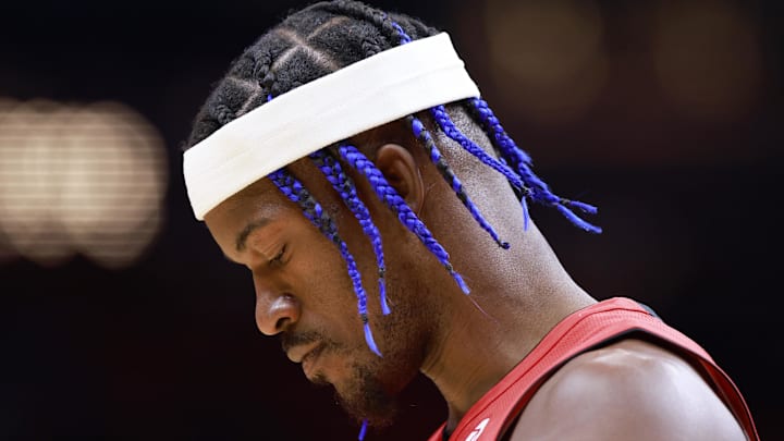 Dec 8, 2024; Miami, Florida, USA; Miami Heat forward Jimmy Butler's (22) looks on before the game against the Cleveland Cavaliers during the first half at Kaseya Center. Mandatory Credit: Rhona Wise-Imagn Images Dec 8, 2024; Miami, Florida, USA; Miami Heat forward Jimmy Butler's (22) looks on before the game against the Cleveland Cavaliers during the first half at Kaseya Center. Mandatory Credit: Rhona Wise-Imagn Images