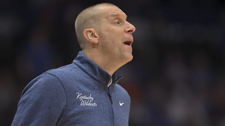 Mar 13, 2026; Nashville, TN, USA;  Kentucky Wildcats head coach Mark Pope yells to his team against the Florida Gators during the first half at Bridgestone Arena. Mandatory Credit: Steve Roberts-Imagn Images