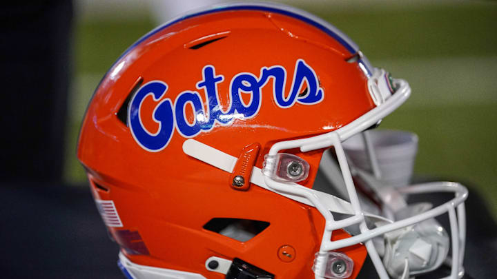 Nov 18, 2023; Columbia, Missouri, USA; A general view of a Florida Gators helmet against the Missouri Tigers during the game at Faurot Field at Memorial Stadium. Mandatory Credit: Denny Medley-USA TODAY Sports