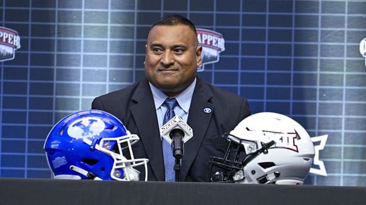 Jul 12, 2023; Arlington, TX, USA; BYU Cougars head coach Kalani Sitake is interviewed during Big 12 Jul 12, 2023; Arlington, TX, USA; BYU Cougars head coach Kalani Sitake is interviewed during Big 12