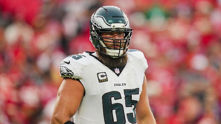 Sep 14, 2025; Kansas City, Missouri, USA; Philadelphia Eagles offensive tackle Lane Johnson (65) reacts during the second half against the Kansas City Chiefs at GEHA Field at Arrowhead Stadium. Mandatory Credit: Jay Biggerstaff-Imagn Images