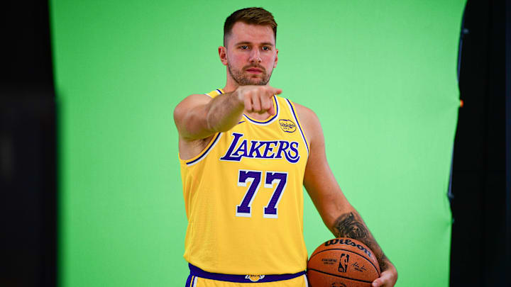 Sep 29, 2025; Los Angeles, CA, USA: Los Angeles Lakers guard Luka Doncic (77) during media day at UCLA Health Training Center. Mandatory Credit: Gary A. Vasquez-Imagn Images Sep 29, 2025; Los Angeles, CA, USA: Los Angeles Lakers guard Luka Doncic (77) during media day at UCLA Health Training Center. Mandatory Credit: Gary A. Vasquez-Imagn Images