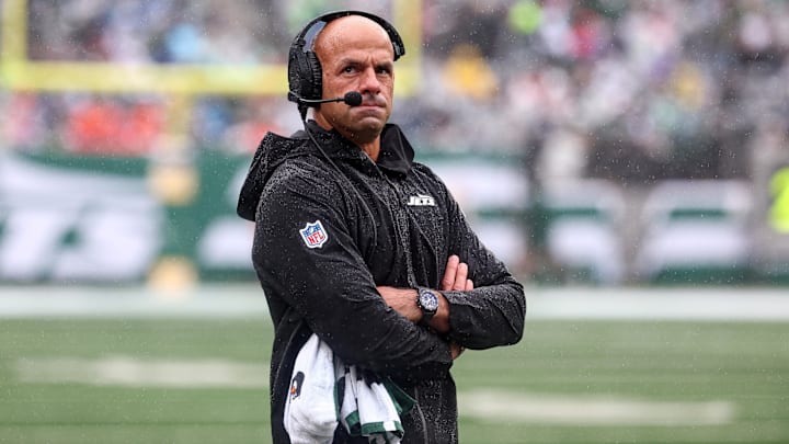 Sep 29, 2024; East Rutherford, New Jersey, USA; New York Jets head coach Robert Saleh looks on during the first half against the Denver Broncos at MetLife Stadium. 