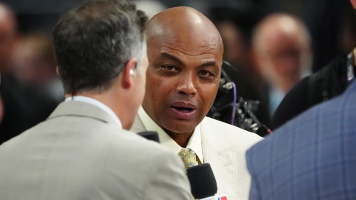 Jun 4, 2023; Denver, CO, USA; TNT sports analyst Charles Barkley speaks before game two between the Miami Heat and the Denver Nuggets in the 2023 NBA Finals at Ball Arena. Mandatory Credit: Ron Chenoy-USA TODAY Sports