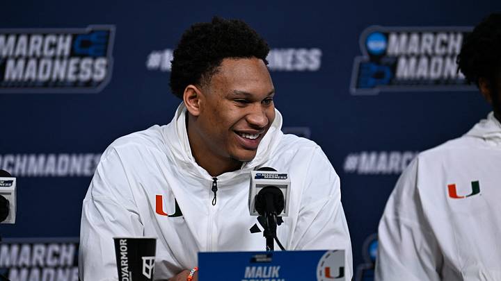 Mar 19, 2026; St. Louis, MO, USA; Miami (FL) Hurricanes forward Malik Reneau reacts to the median during a practice session ahead of the first round of the men's 2026 NCAA Tournament at Enterprise Center. Mandatory Credit: Jeff Le-Imagn Images