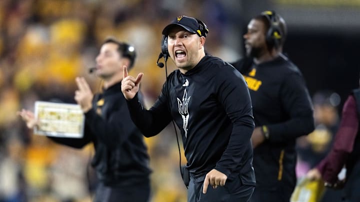 Nov 28, 2025; Tempe, Arizona, USA; Arizona State Sun Devils head coach Kenny Dillingham reacts against the Arizona Wildcats during the 99th Territorial Cup at Mountain America Stadium. Mandatory Credit: Mark J. Rebilas-Imagn Images