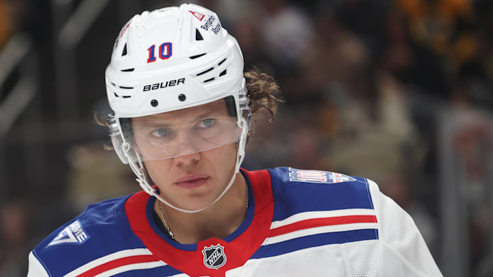 Oct 11, 2025; Pittsburgh, Pennsylvania, USA;  New York Rangers left wing Artemi Panarin (10) looks on against the Pittsburgh Penguins during the third period at PPG Paints Arena. Mandatory Credit: Charles LeClaire-Imagn Images