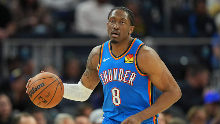 Jan 2, 2026; San Francisco, California, USA; Oklahoma City Thunder guard Jalen Williams (8) during the third quarter against the Golden State Warriors at Chase Center. Mandatory Credit: Darren Yamashita-Imagn Images