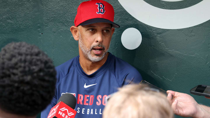 Boston Red Sox manager Alex Cora (13) talks to the media before the game against the Texas Rangers at Globe Life Field.