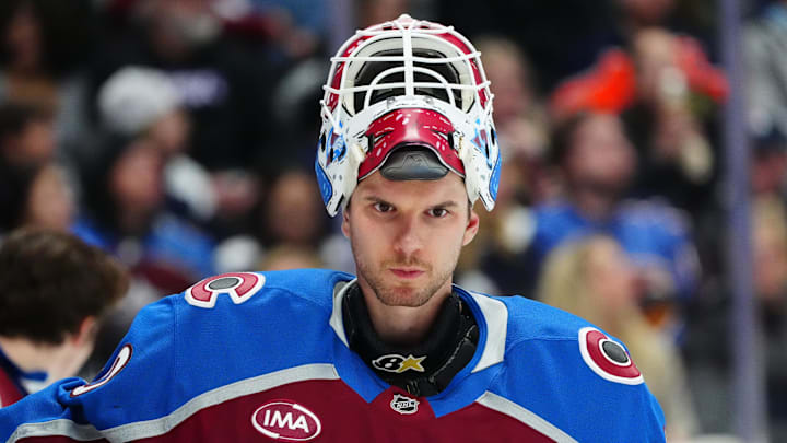 Nov 30, 2024; Denver, Colorado, USA; Colorado Avalanche goaltender Alexandar Georgiev (40) during the third period against the Edmonton Oilers at Ball Arena. Mandatory Credit: Ron Chenoy-Imagn Images