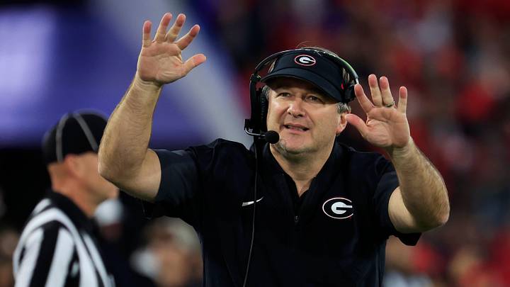 Georgia Bulldogs head coach Kirby Smart tells the students section to calm down during the fourth quarter of an NCAA football game, Saturday, Nov. 1, 2025, at EverBank Stadium in Jacksonville, Fla. Georgia held off Florida 24-20. [Corey Perrine/Florida Times-Union]
