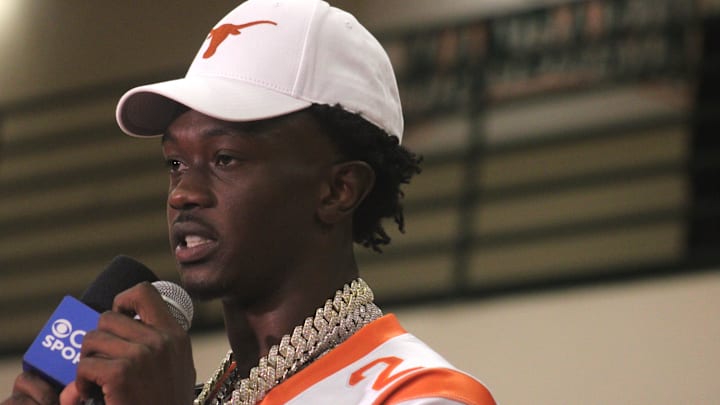 Mandarin receiver Jaime Ffrench Jr. speaks with CBS Sports after announcing his commitment to Texas at a pep rally before a high school football game against Atlantic Coast on August 30, 2024.