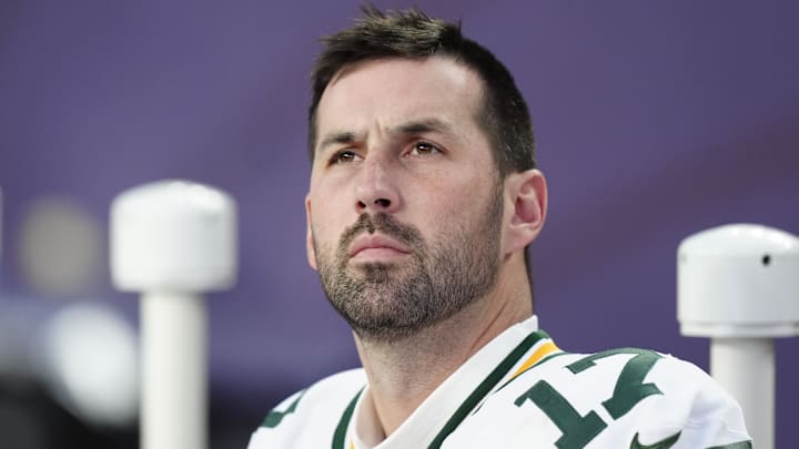 Dec 14, 2025; Denver, Colorado, USA; Green Bay Packers place kicker Brandon McManus (17) sits on the sidelines during the third quarter against the Denver Broncos at Empower Field at Mile High. Mandatory Credit: Ron Chenoy-Imagn Images