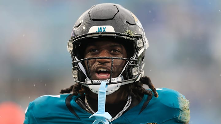 Jacksonville Jaguars wide receiver Brian Thomas Jr. (7) reacts to his first down pickup during the second quarter of an NFL football matchup Sunday, Dec. 29, 2024 at EverBank Stadium in Jacksonville, Fla. [Corey Perrine/Florida Times-Union]