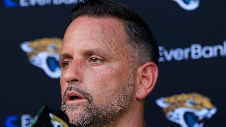 Jacksonville Jaguars defensive coordinator Anthony Campanile answers questions from the media after an NFL training camp session at the Miller Electric Center, Sunday, Aug. 3, 2025, in Jacksonville, Fla. [Corey Perrine/Florida Times-Union]