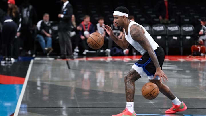 Orlando Magic guard Gary Harris (14) warms up before a game against the Brooklyn Nets at Barclays Center.