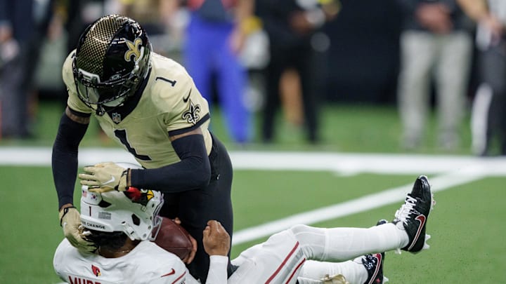 Sep 7, 2025; New Orleans, Louisiana, USA;  New Orleans Saints cornerback Alontae Taylor (1) sacks Arizona Cardinals quarterback Kyler Murray (1) during the fourth quarter at Caesars Superdome. Mandatory Credit: Matthew Hinton-Imagn Images