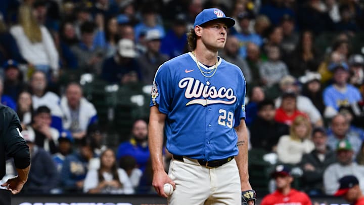 Apr 10, 2026; Milwaukee, Wisconsin, USA; Milwaukee Brewers pitcher Trevor Megill (29) reacts after allowing four runs to score in the ninth inning against the Washington Nationals at American Family Field. Mandatory Credit: Benny Sieu-Imagn Images