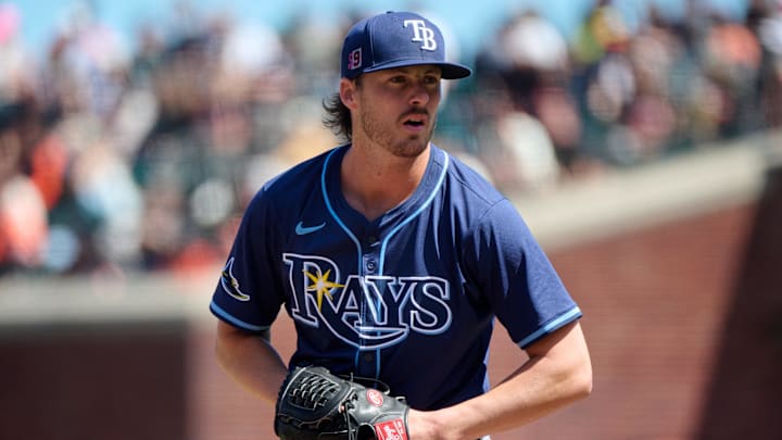 Aug 17, 2025; San Francisco, California, USA; Tampa Bay Rays pitcher Mason Englert (59) looks at the catcher for the sign against the San Francisco Giants during the seventh inning at Oracle Park. Mandatory Credit: Robert Edwards-Imagn Images