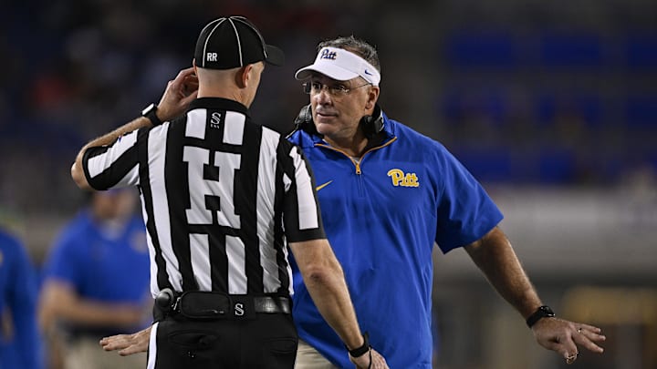 Nov 2, 2024; Dallas, Texas, USA; Pittsburgh Panthers head coach Pat Narduzzi argues a call during the second half against the Southern Methodist Mustangs at Gerald J. Ford Stadium. Mandatory Credit: Jerome Miron-Imagn Images