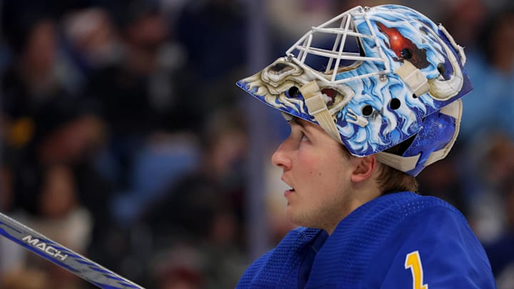 Jan 13, 2024; Buffalo, New York, USA;  Buffalo Sabres goaltender Ukko-Pekka Luukkonen (1) during a