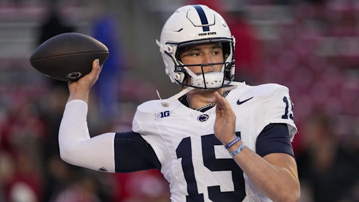 Oct 26, 2024; Madison, Wisconsin, USA;  Penn State Nittany Lions quarterback Drew Allar (15) during warmups prior to the game against the Wisconsin Badgers at Camp Randall Stadium. Mandatory Credit: Jeff Hanisch-Imagn Images