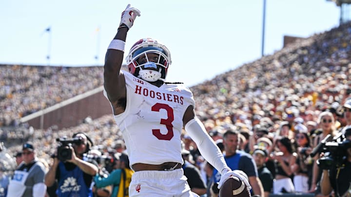 Sep 27, 2025; Iowa City, Iowa, USA; Indiana Hoosiers wide receiver Omar Cooper Jr. (3) reacts after a touchdown reception against the Iowa Hawkeyes during the first quarter at Kinnick Stadium. Mandatory Credit: Jeffrey Becker-Imagn Images