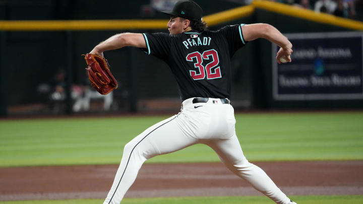 Jul 27, 2024; Phoenix, Arizona, USA; Arizona Diamondbacks pitcher Brandon Pfaadt (32) pitches against the Pittsburgh Pirates during the first inning at Chase Field. Mandatory Credit: Joe Camporeale-USA TODAY Sports Jul 27, 2024; Phoenix, Arizona, USA; Arizona Diamondbacks pitcher Brandon Pfaadt (32) pitches against the Pittsburgh Pirates during the first inning at Chase Field. Mandatory Credit: Joe Camporeale-USA TODAY Sports