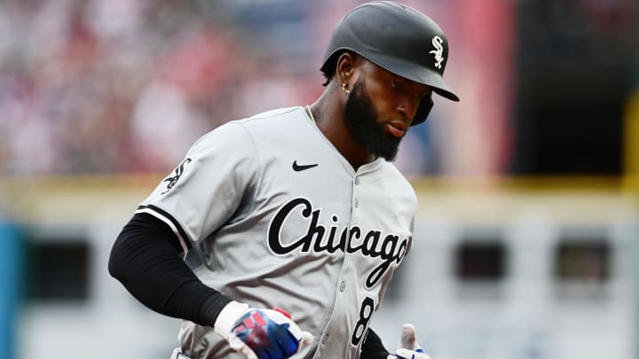 Jul 2, 2024; Cleveland, Ohio, USA; Chicago White Sox center fielder Luis Robert Jr. (88) rounds the bases after hitting a home run during the sixth inning against the Cleveland Guardians at Progressive Field. 