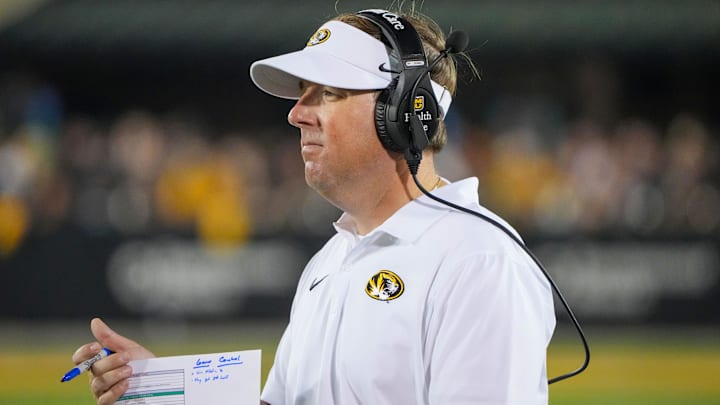 Aug 29, 2024; Columbia, Missouri, USA; Missouri Tigers head coach Eli Drinkwitz on field against the Murray State Racers during the game at Faurot Field at Memorial Stadium. Mandatory Credit: Denny Medley-Imagn Images