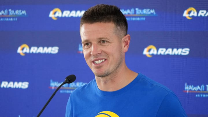 Jun 3, 2025; Woodland Hills, CA, USA; Los Angeles Rams offensive coordinator Mike LaFleur at press conference during organized team activities at Rams Practice Facility. Mandatory Credit: Kirby Lee-Imagn Images Jun 3, 2025; Woodland Hills, CA, USA; Los Angeles Rams offensive coordinator Mike LaFleur at press conference during organized team activities at Rams Practice Facility. Mandatory Credit: Kirby Lee-Imagn Images