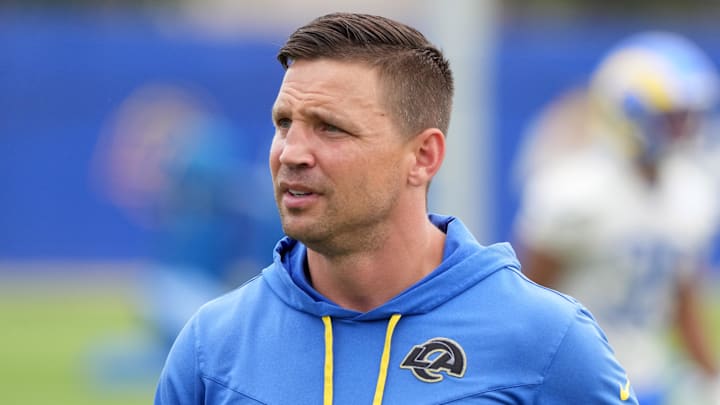 May 28, 2025; Woodland Hills, CA, USA; Los Angeles Rams defensive coordinator Chris Shula during organized team activities at Rams Practice Facility. Mandatory Credit: Kirby Lee-Imagn Images