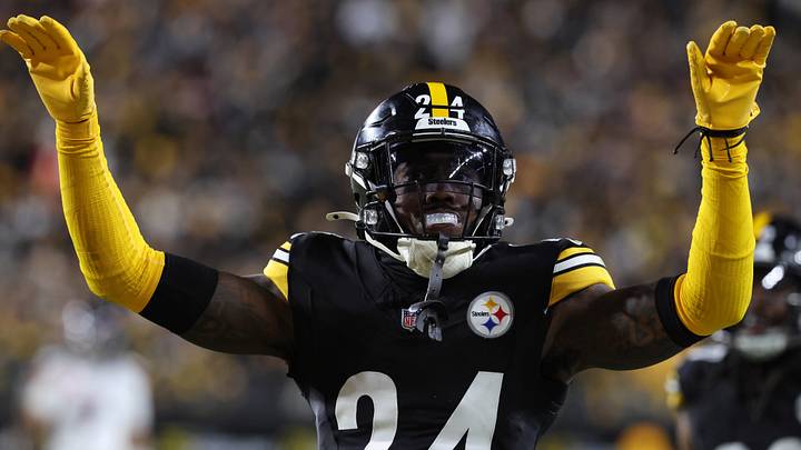 Jan 12, 2026; Pittsburgh, PA, USA; Pittsburgh Steelers cornerback Joey Porter Jr. (24) reacts after a play during the second half of an AFC Wild Card Round game against the Houston Texans at Acrisure Stadium. Mandatory Credit: Charles LeClaire-Imagn Images