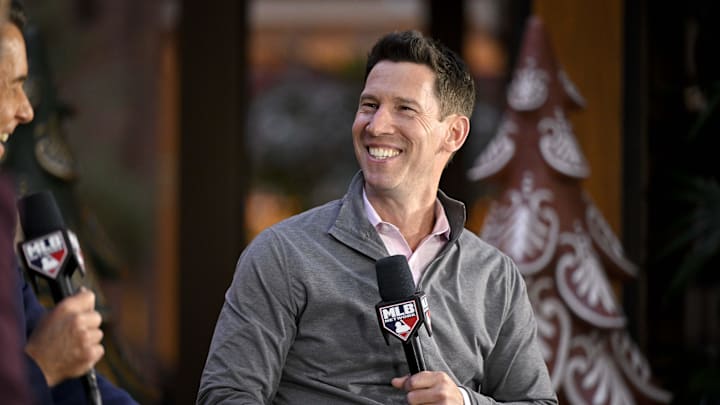 Dec 9, 2024; Dallas, TX, USA; Boston Red Sox chief baseball officer Craig Breslow speaks with the media 
at the Hilton Anatole during the 2024 MLB Winter Meetings. Mandatory Credit: Jerome Miron-Imagn Images