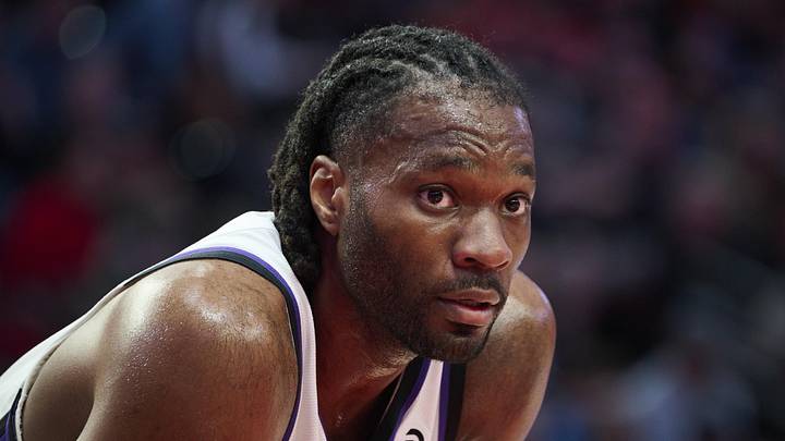 Apr 12, 2026; Portland, Oregon, USA; Sacramento Kings forward Precious Achiuwa (9) during a break in the game during the second half against the Portland Trail Blazers at Moda Center. Mandatory Credit: Troy Wayrynen-Imagn Images