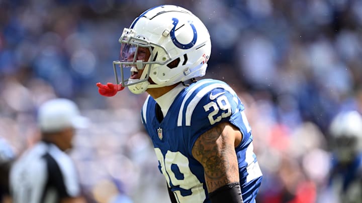 Sep 8, 2024; Indianapolis, Indiana, USA; Indianapolis Colts cornerback JuJu Brents (29) celebrates a stop during the second half against the Houston Texans at Lucas Oil Stadium. Mandatory Credit: Marc Lebryk-Imagn Images