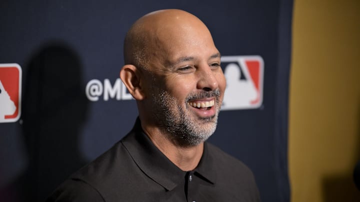Dec 9, 2024; Dallas, TX, USA; Boston Red Sox manager Alex Cora speaks with the media at the Hilton Anatole during the 2024 MLB Winter Meetings. Mandatory Credit: Jerome Miron-Imagn Images