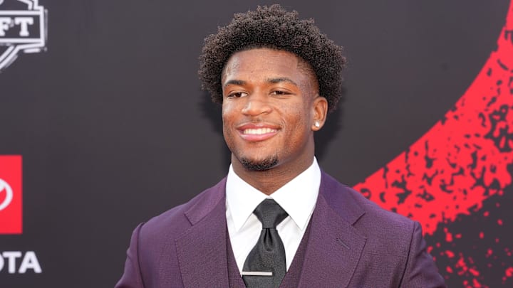 Ohio State Buckeyes defensive back Caleb Downs poses on the red carpet before the 2026 NFL Draft at Point State Park. 