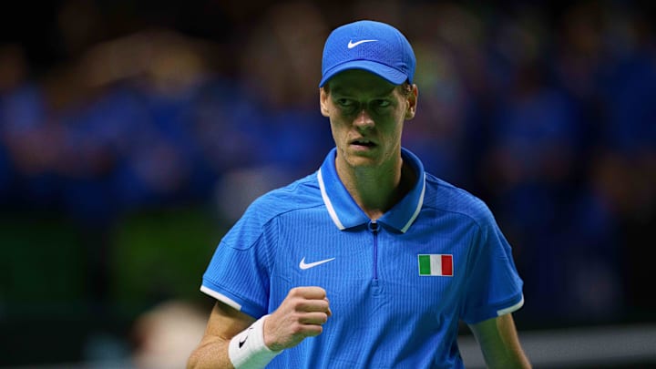 Jannik Sinner of Italy in action against Tallon Griekspoor of Netherlands during the Davis Cup 2024 tennis match.