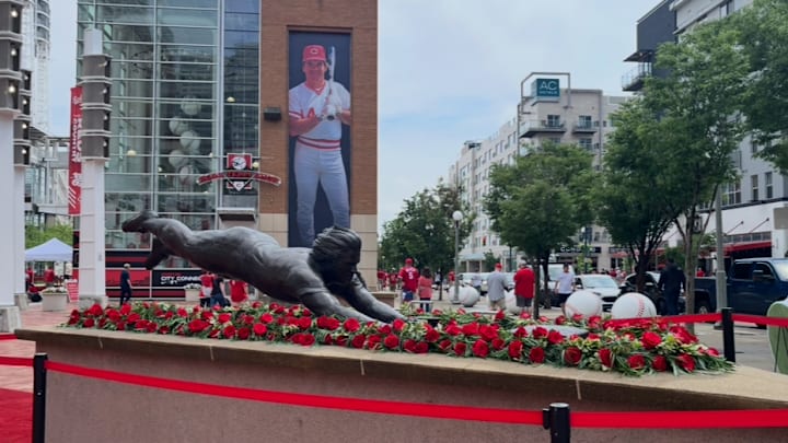 Pete Rose's statue stands in front of Great American Ballpark in Cincinnati. Pete Rose's statue stands in front of Great American Ballpark in Cincinnati.