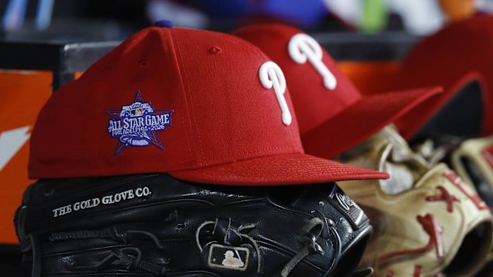 May 2, 2026; Miami, Florida, USA;  Philadelphia Phillies starting hats and gloves sit on the bench against the Miami Marlins during the fifth inning at loanDepot Park. 